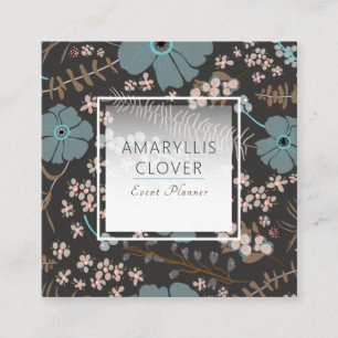 Spring Floral Mix Teal Pink Grey On Black Square Business Card