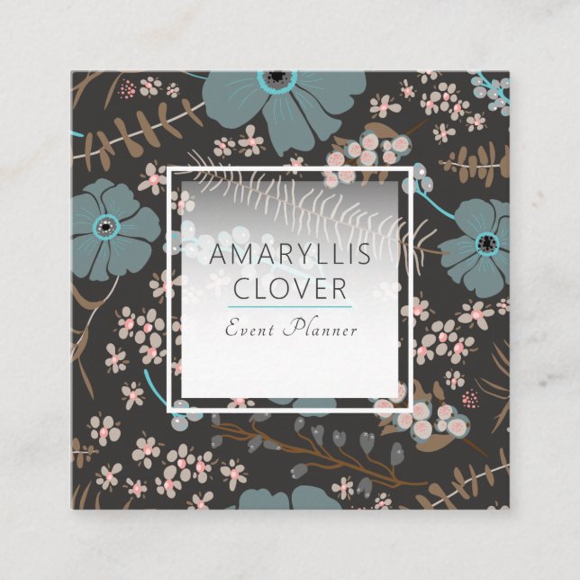 Spring Floral Mix Teal Pink Grey On Black Square Business Card (Front)