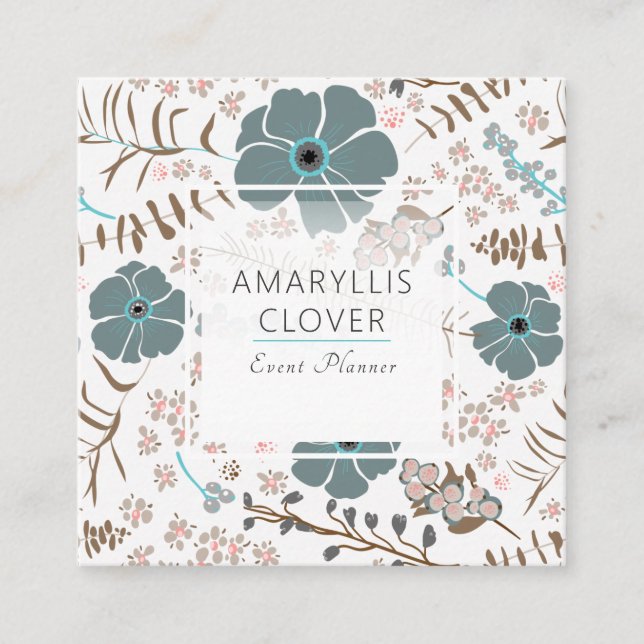 Spring Floral Mix Teal Pink Grey Square Business Card (Front)