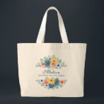 Spring Floral Modern Personalised Name | Wedding Large Tote Bag<br><div class="desc">This modern design features a spring floral in pretty coral, yellow, teal and navy blue with your personalised name with "Mother of the Bride" below in navy blue typography. Personalise by editing the text in the text box provided. #wedding #weddings #motherofthebride #motherofthebridegifts #bridalparty #bridalpartygifts #favours #gifts #floral #flowers #botanical #personalised...</div>