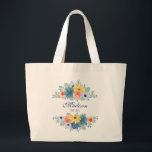Spring Floral Modern Personalised Name | Wedding Large Tote Bag<br><div class="desc">This modern design features a spring floral in pretty coral, yellow, teal and navy blue with your personalised name with "Bride" below in navy blue typography. Personalise by editing the text in the text box provided. #wedding #weddings #bride #bridalgifts #bridalparty #bridalpartygifts #favours #gifts #floral #flowers #botanical #personalised #name #modern #chic...</div>