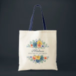 Spring Floral Modern Personalized Name | Wedding Tote Bag<br><div class="desc">This modern design features a spring floral in pretty coral, yellow, teal and navy blue with your personalized name with "Mother of the Bride" below in navy blue typography. Personalize by editing the text in the text box provided. #wedding #weddings #motherofthebride #motherofthebridegifts #bridalparty #bridalpartygifts #favors #gifts #floral #flowers #botanical #personalized...</div>