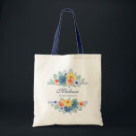 Spring Floral Modern Personalized Name | Wedding Tote Bag<br><div class="desc">This modern design features a spring floral in pretty coral,  yellow,  teal and navy blue with your personalized name with "Bridesmaid" below in navy blue typography. Personalize by editing the text in the text box provided.</div>