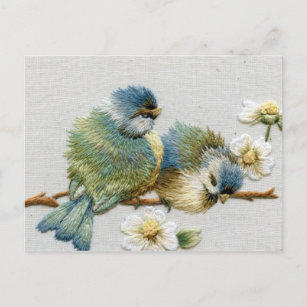 Spring floral pastel mint green embroidery bird postcard