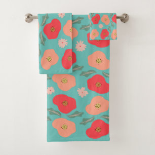 Spring Floral Pattern Hand Drawn Teal Peach Bath Towel Set
