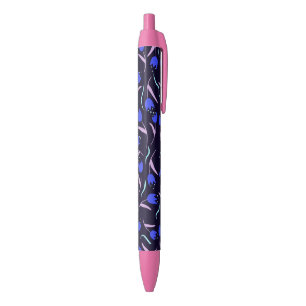 Spring Floral Pattern on Dark Blue Background Black Ink Pen