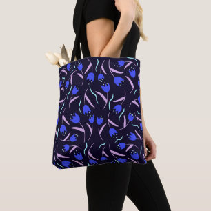 Spring Floral Pattern on Dark Blue Background Tote Bag