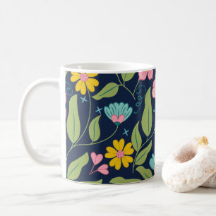 Spring Floral Pattern on Dark Blue Coffee Mug