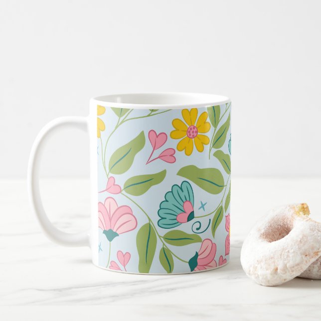 Spring Floral Pattern on Light Blue Coffee Mug (With Donut)