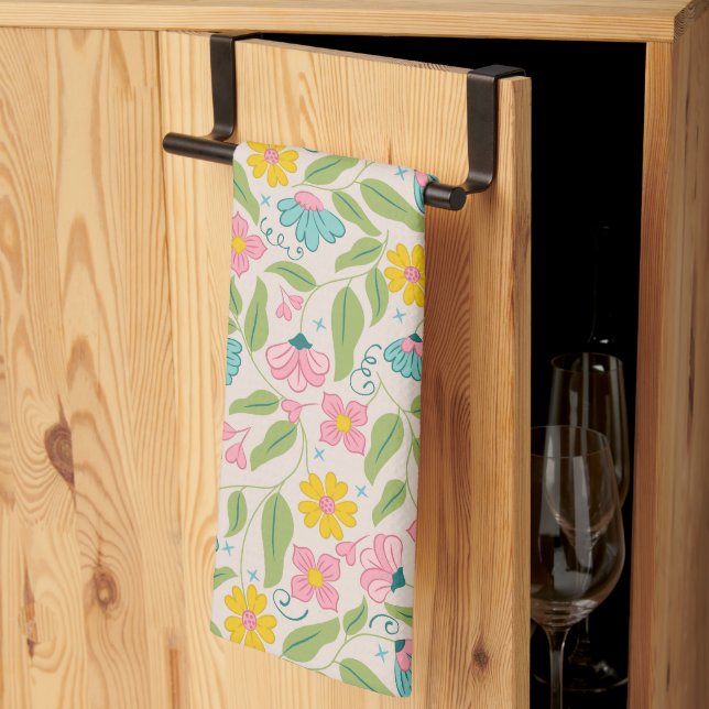 Spring Floral Pattern on Pink Tea Towel (Thirds Fold)