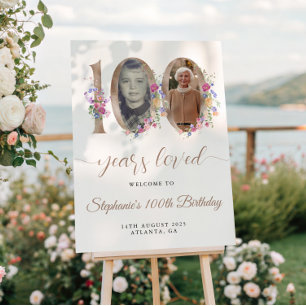 Spring Floral Photo 100th Birthday Welcome Poster