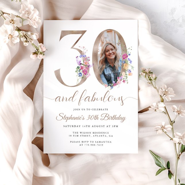 Spring Floral Photo 30th Birthday Invitation (Creator Uploaded)