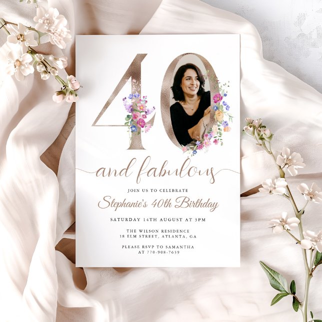 Spring Floral Photo 40th Birthday Invitation (Creator Uploaded)