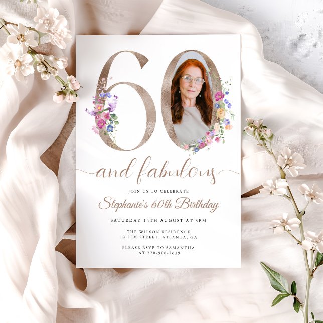 Spring Floral Photo 60th Birthday Invitation (Creator Uploaded)