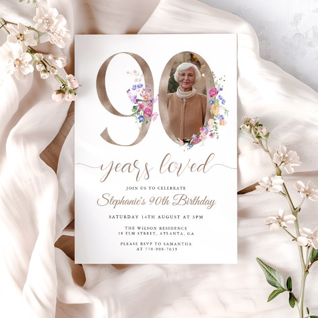Spring Floral Photo 90th Birthday Invitation (Creator Uploaded)