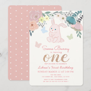 Spring Floral Pink Bunny Girl's 1st Birthday Invitation