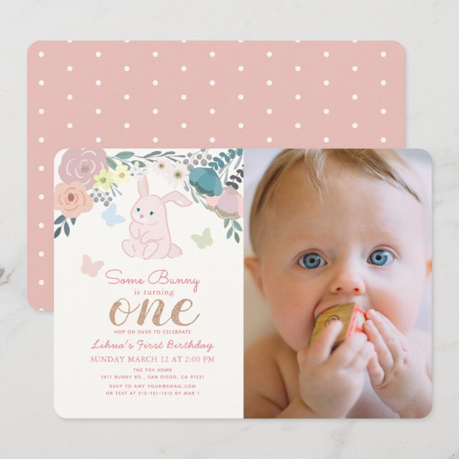 Spring Floral Pink Bunny Girl's 1st Photo Birthday Invitation (Front/Back)