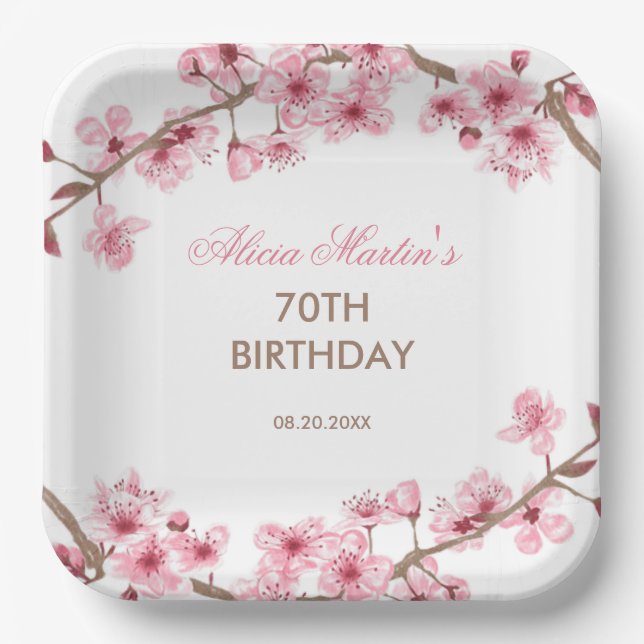 Spring Floral Pink Cherry Blossom Birthday  Paper Plate (Front)