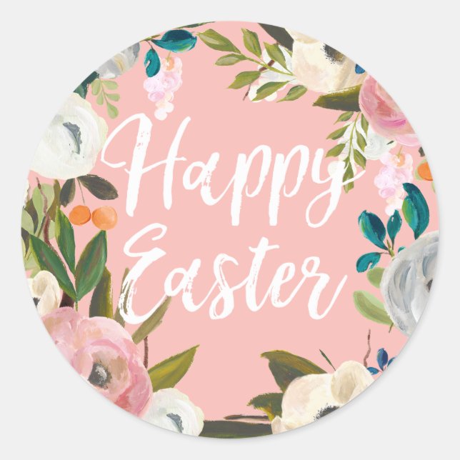 Spring Floral Pink Happy Easter Classic Round Sticker (Front)