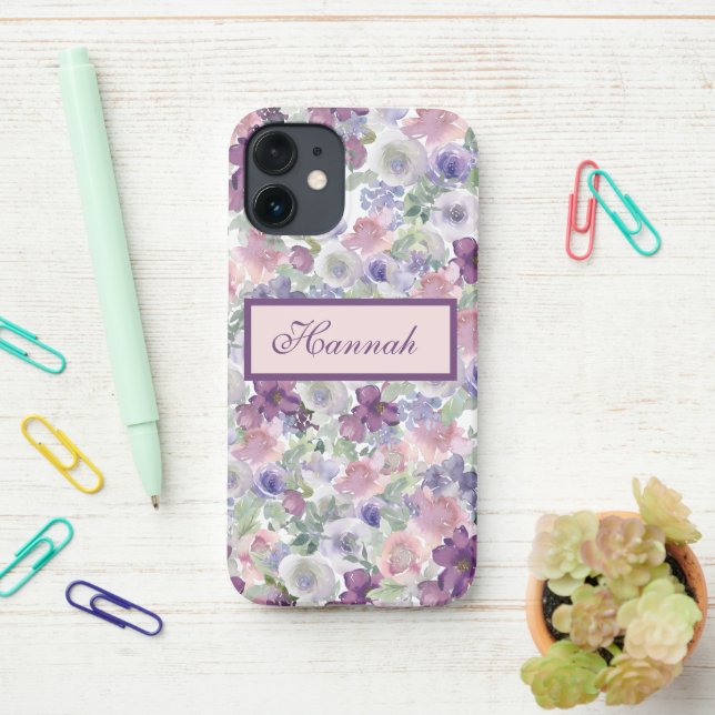 Spring Floral Pink Purple Lavender Garden  iPhone Case (On Desk)