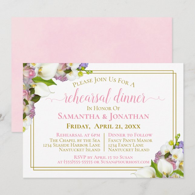 Spring Floral Pink Wedding Rehearsal & Dinner Invitation (Front/Back)