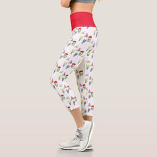 Spring Floral Red Tulip Daffodil Lilac  Capri Leggings