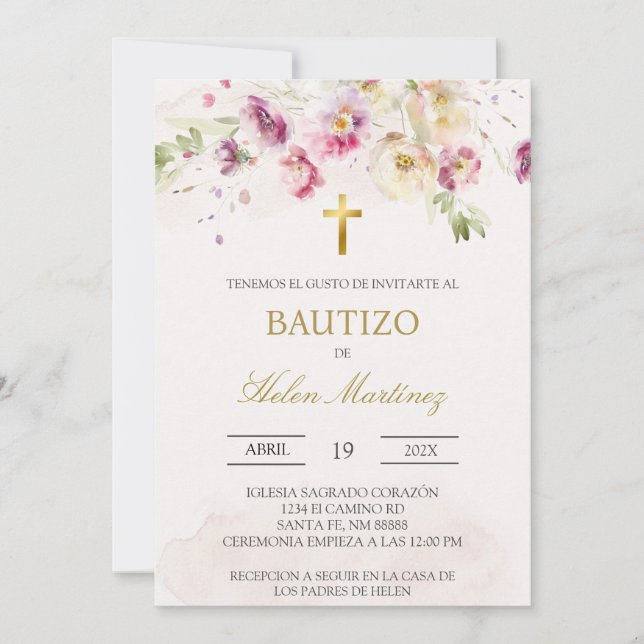 Spring floral Spanish baptism Invitation (Front)