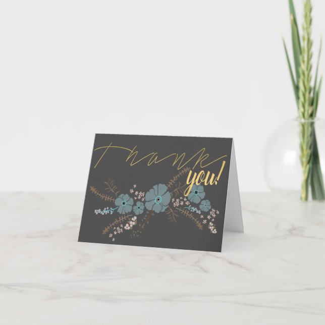 Spring Floral Teal Pink Dark Grey Flower Motif Thank You Card (Front)