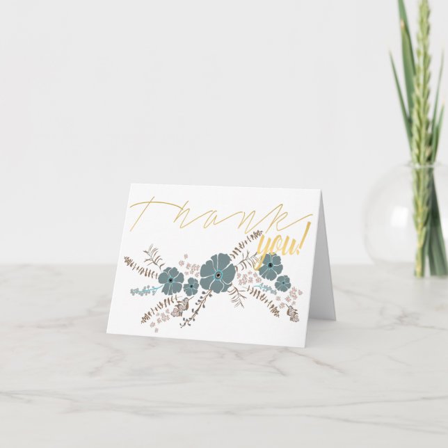 Spring Floral Teal Pink Grey Flower Motif Thank You Card (Front)