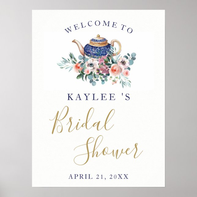 Spring floral teapot Bridal Shower welcome sign (Front)