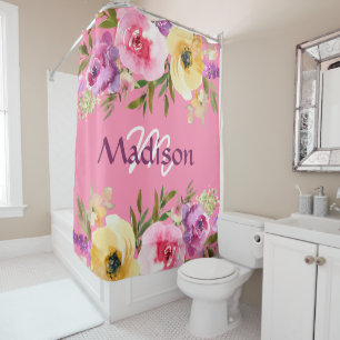 Spring Floral Trendy Girly Monogram Shower Curtain