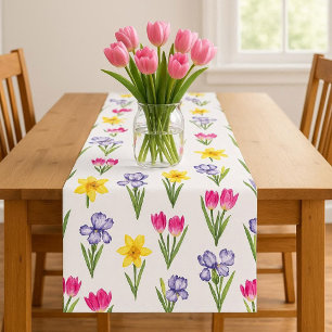 Spring Floral Tulips Daffodils Irises  Short Table Runner