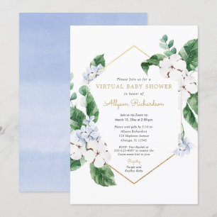 Spring floral Virtual Baby Shower blue white gold Invitation
