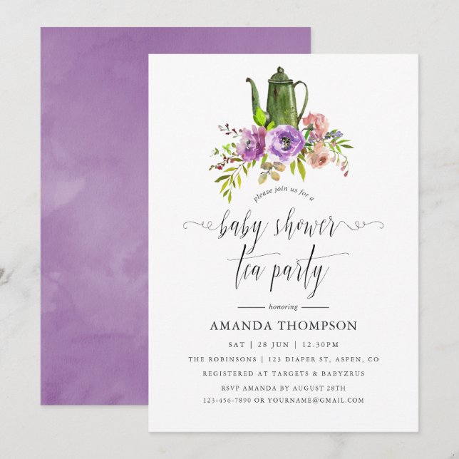Spring Floral Watercolor Baby Shower Tea Party Invitation (Front/Back)