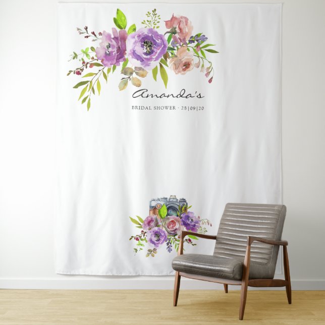 Spring Floral Watercolor Bridal Shower Photo Booth Tapestry (In Situ)