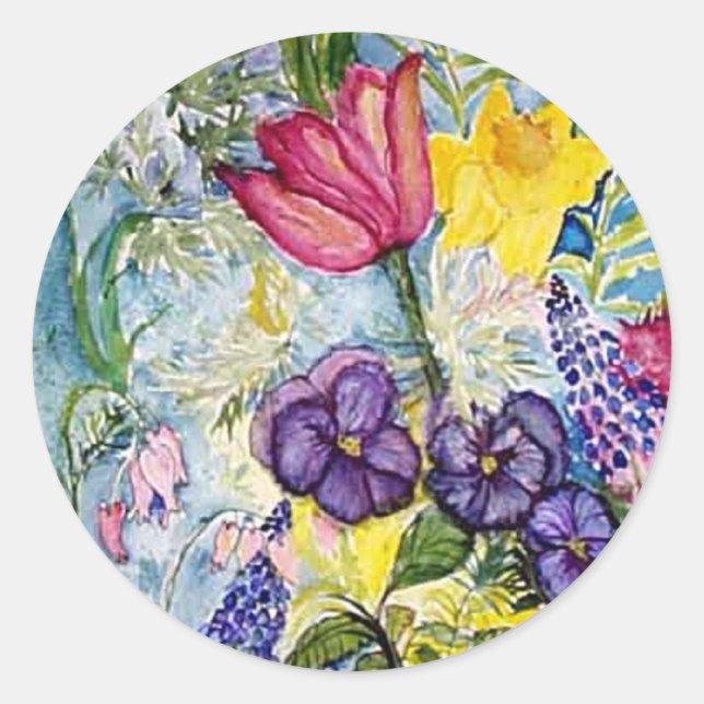 Spring Floral Watercolor Classic Round Sticker (Front)