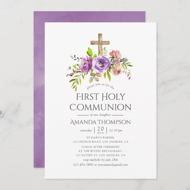 Spring Floral Watercolor First Holy Communion Invitation (Front/Back)