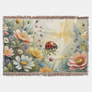 Spring floral Watercolor Ladybug Throw Blanket