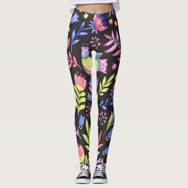 Spring Floral: Watercolor Seamless Pattern Leggings (Front)
