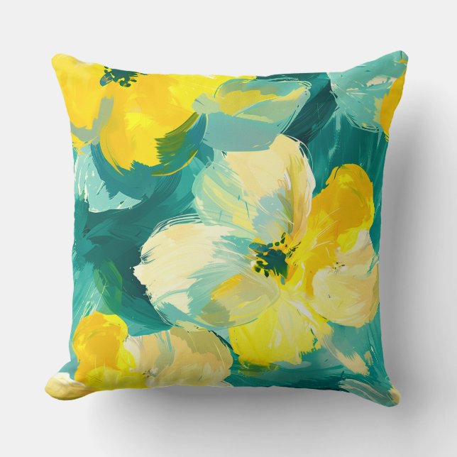 Spring Floral Watercolor Yellow Light Teal Cushion (Front)