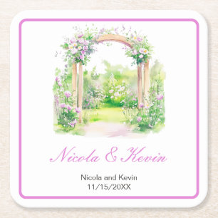 Spring Floral Wedding Arch Square Paper Coaster