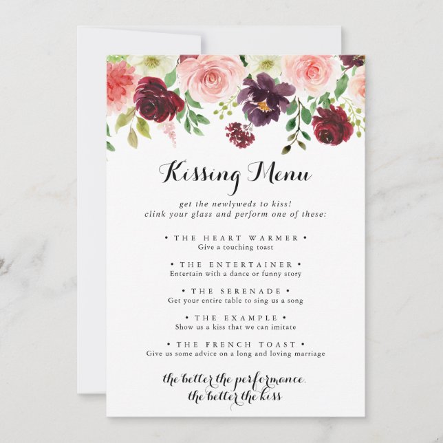 Spring Floral Wedding Kissing Menu Game Card (Front)