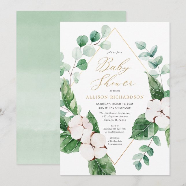 Spring floral white greenery gold baby shower invitation (Front/Back)