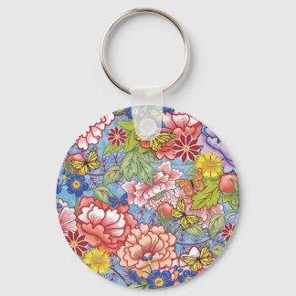 Spring Floral with Peonies and Butterflies Key Ring