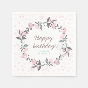 spring floral wreath and bunny happy birthday napkin