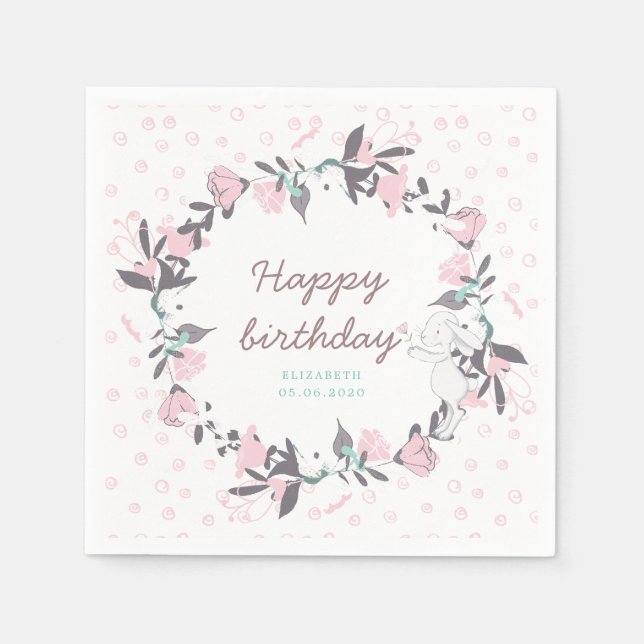 spring floral wreath and bunny happy birthday napkin (Front)