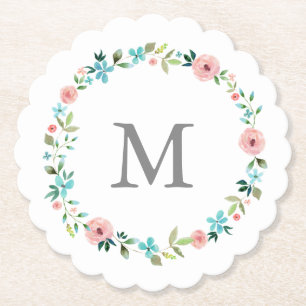 Spring Floral Wreath Monogram Paper Coaster