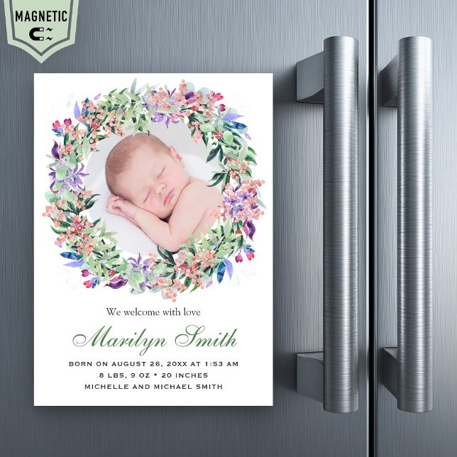 Spring Floral Wreath Photo Birth Announcement (Creator Uploaded)