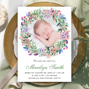 Spring Floral Wreath Photo Birth Announcement