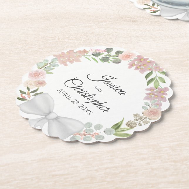 Spring Floral Wreath Pink Mauve & Coral Wedding Paper Coaster (Angled)